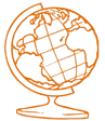 A drawing of an orange globe with the continents.