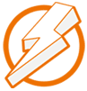 An orange and white logo with a lightning bolt in the middle.