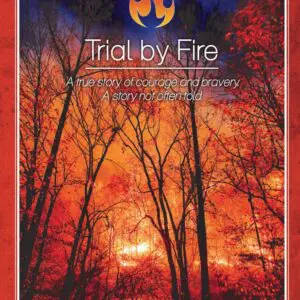 A book cover with trees and fire in the background.