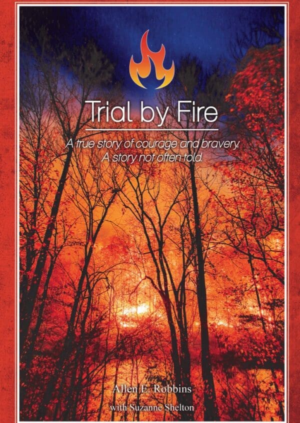 A book cover with trees and fire in the background.