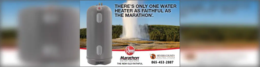 A water heater is shown with a waterfall in the background.